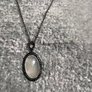 Vintage Inspired Moonstone/Marcasite Pendant With 24" Blackened Silver Chain